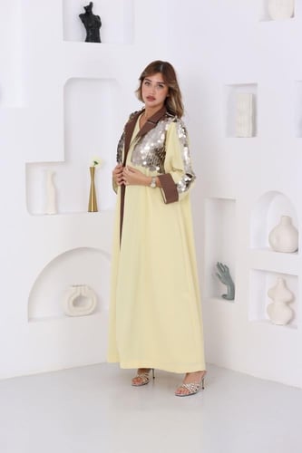 جلابية لينن قطعتين مع بشت بفتحة من الخلف وتطريز تر...