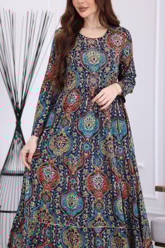 جلابية رايون قطن منقوش بتطريز خفيف على الصدر