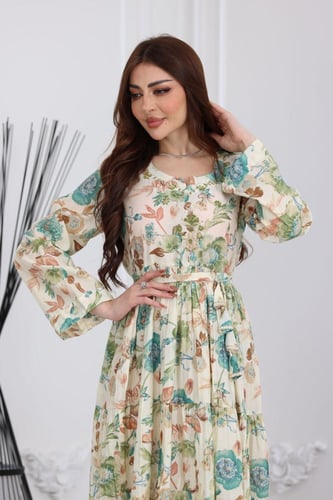 جلابية رايون قطن منقوش بتطريز على الصدر