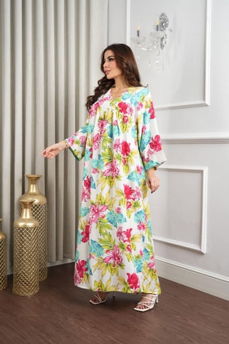 جلابية روز قطن خفيف صيفي طويل ( رقبة سبعة )