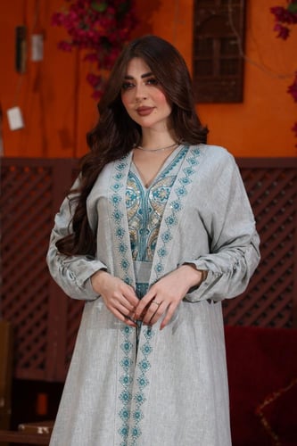 جلابية كويتية لينن قطعتين بتطريز يدوي