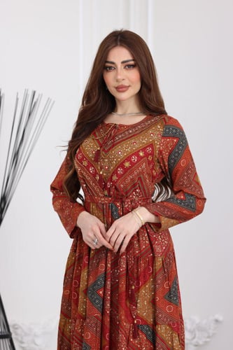 جلابية رايون قطن منقوش بتطريز على الصدر