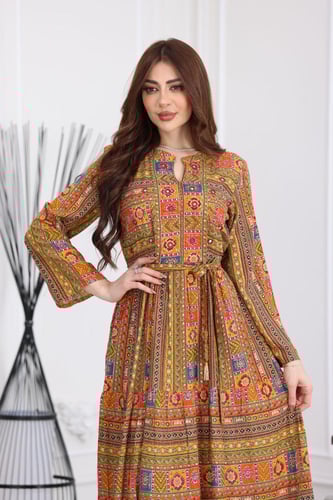 جلابية رايون قطن منقوش بتطريز على الصدر