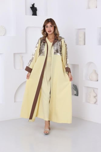 جلابية لينن قطعتين مع بشت بفتحة من الخلف وتطريز تر...