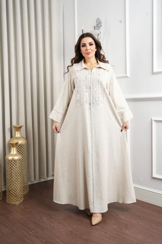 جلابية كتان بتطريز فضي لامع