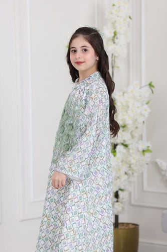 جلابية قطن مطبوع ( بناتي ) بتطريز ورد ثلاثي الأبعا...