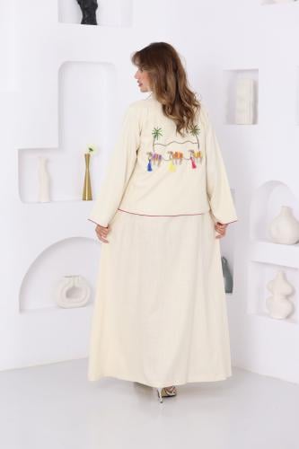 جلابية لينن قطعتين مع جاكيت بتطريز يدوي من الخلف