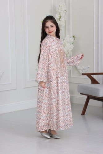 جلابية قطن مطبوع ( بناتي ) بتطريز ورد ثلاثي الأبعا...