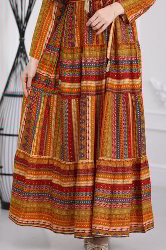 جلابية رايون قطن منقوش بتطريز على الصدر