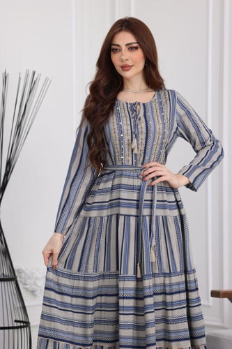 جلابية رايون قطن منقوش بتطريز خفيف على الصدر