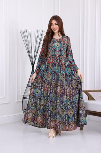 جلابية رايون قطن منقوش بتطريز خفيف على الصدر