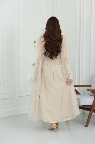 جلابية لينن كويتية قطعتين بتطريز خفيف مع بشت شيفون