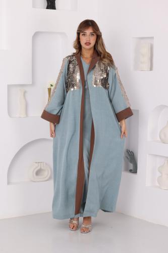 جلابية لينن قطعتين مع بشت بفتحة من الخلف وتطريز تر...