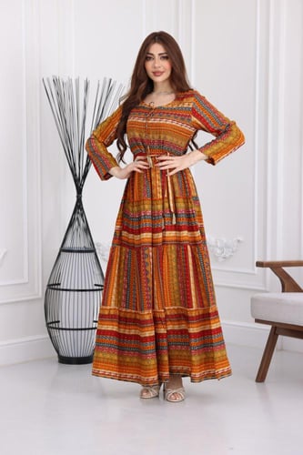 جلابية رايون قطن منقوش بتطريز على الصدر