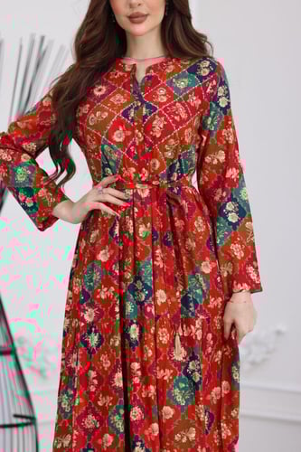 جلابية رايون قطن منقوش بتطريز خفيف على الصدر