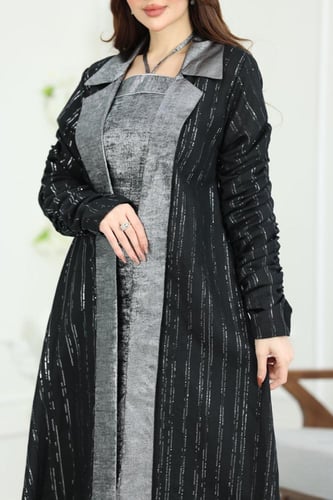 جلابية لينن كويتية قطعتين مطرزة بالترتر مع بطانة س...