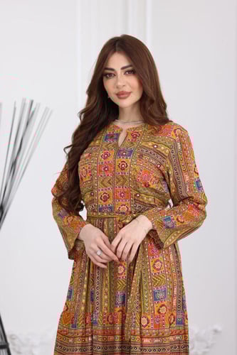 جلابية رايون قطن منقوش بتطريز على الصدر