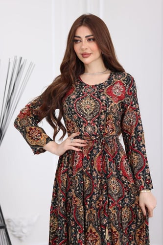 جلابية رايون قطن منقوش بتطريز خفيف على الصدر