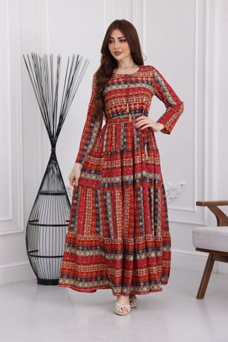 جلابية رايون قطن منقوش بتطريز على الصدر