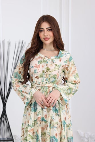 جلابية رايون قطن منقوش بتطريز على الصدر