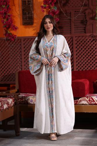 جلابية كويتية لينن قطعتين تراثية بتطريز يدوي ملون