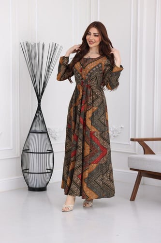 جلابية رايون قطن منقوش بتطريز على الصدر