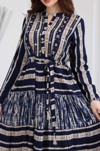 جلابية رايون قطن منقوش بتطريز على الصدر