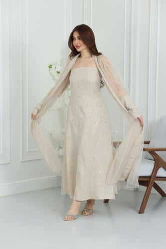 جلابية لينن كويتية قطعتين بتطريز خفيف مع بشت شيفون