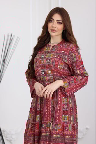 جلابية رايون قطن منقوش بتطريز على الصدر