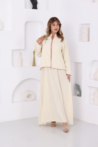 جلابية لينن قطعتين مع جاكيت بتطريز يدوي من الخلف