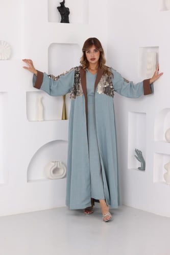 جلابية لينن قطعتين مع بشت بفتحة من الخلف وتطريز تر...