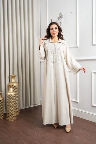 جلابية كتان بتطريز فضي لامع