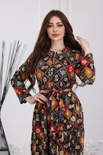 جلابية رايون قطن منقوش بتطريز خفيف على الصدر