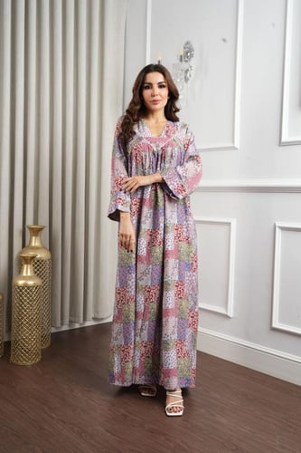 جلابية روز قطن خفيف صيفي طويل ( رقبة سبعة )