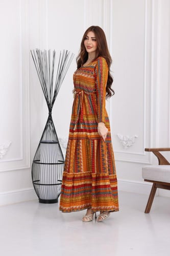 جلابية رايون قطن منقوش بتطريز على الصدر