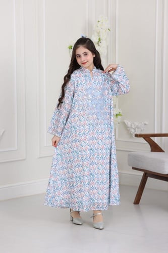 جلابية قطن مطبوع ( بناتي ) بتطريز ورد ثلاثي الأبعا...