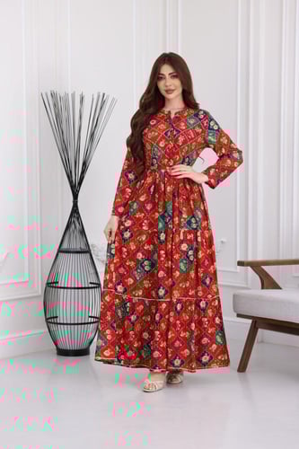 جلابية رايون قطن منقوش بتطريز خفيف على الصدر