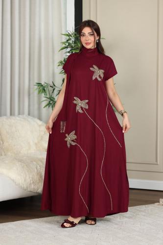 جلابية لينن بتطريز نخلة ذهبي