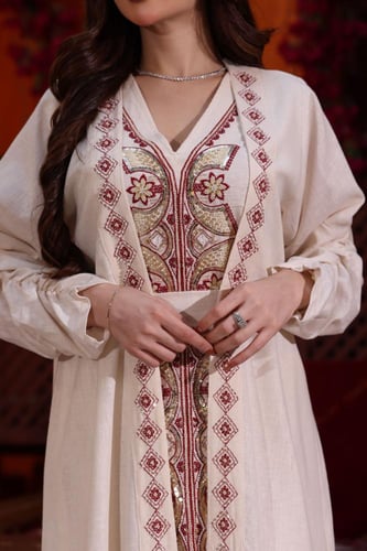 جلابية كويتية لينن قطعتين بتطريز يدوي