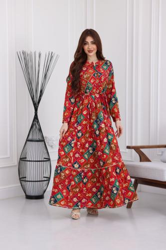 جلابية رايون قطن منقوش بتطريز خفيف على الصدر