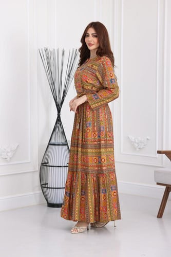 جلابية رايون قطن منقوش بتطريز على الصدر