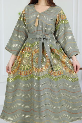 جلابية لينن كويتية بتطريز ترتر