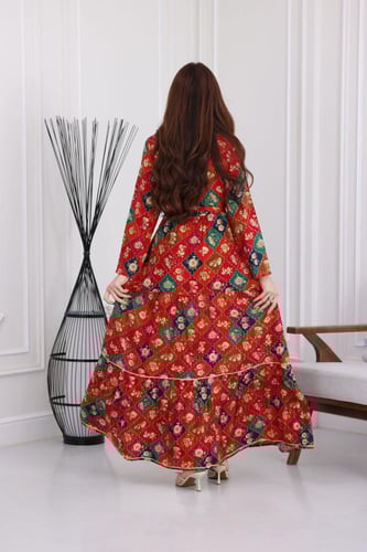 جلابية رايون قطن منقوش بتطريز خفيف على الصدر