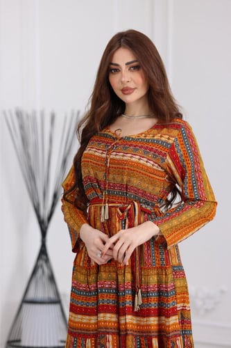 جلابية رايون قطن منقوش بتطريز على الصدر