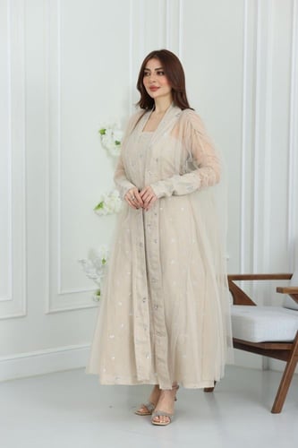 جلابية لينن كويتية قطعتين بتطريز خفيف مع بشت شيفون