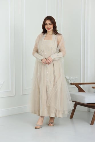 جلابية لينن كويتية قطعتين بتطريز خفيف مع بشت شيفون