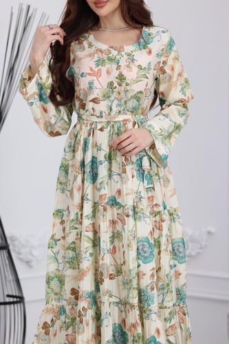 جلابية رايون قطن منقوش بتطريز على الصدر