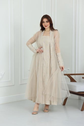 جلابية لينن كويتية قطعتين بتطريز خفيف مع بشت شيفون