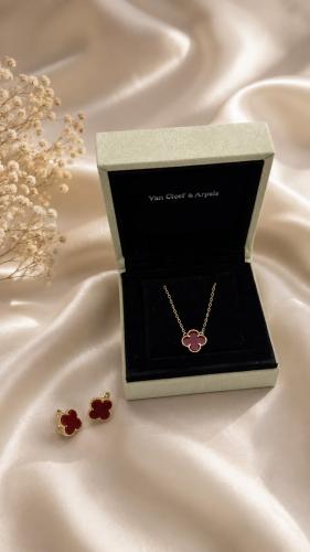 Vankleef set, deep orange, necklace and gold earri...