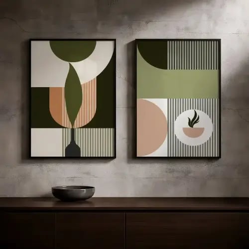 لوحتان جداريتان زيتوني وبيج هندسية مودرن